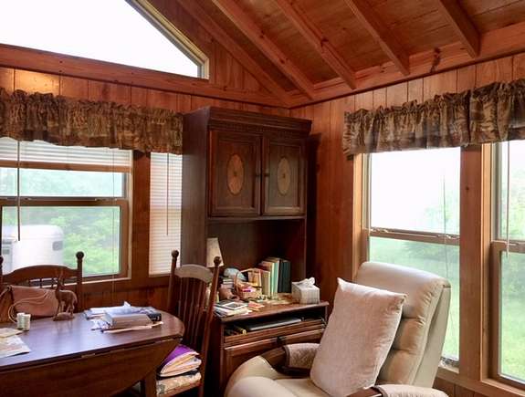 Living room dining room combo with expansive windows and vaulted