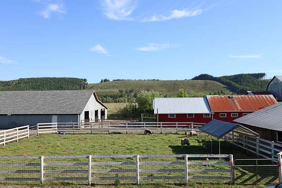 Large barns and multiple pens for animals and fenced pasture or hay fields