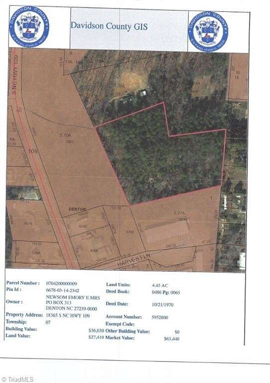 4.45 Acres of Residential Land for Sale in Denton, North Carolina