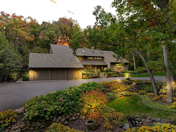 Home - view from circle drive by landscape waterfall