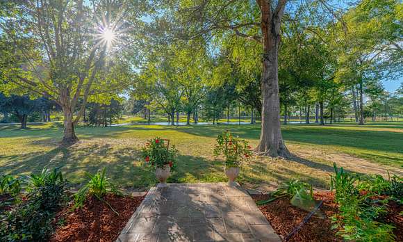 Looking out from front door to front pond and lawn.