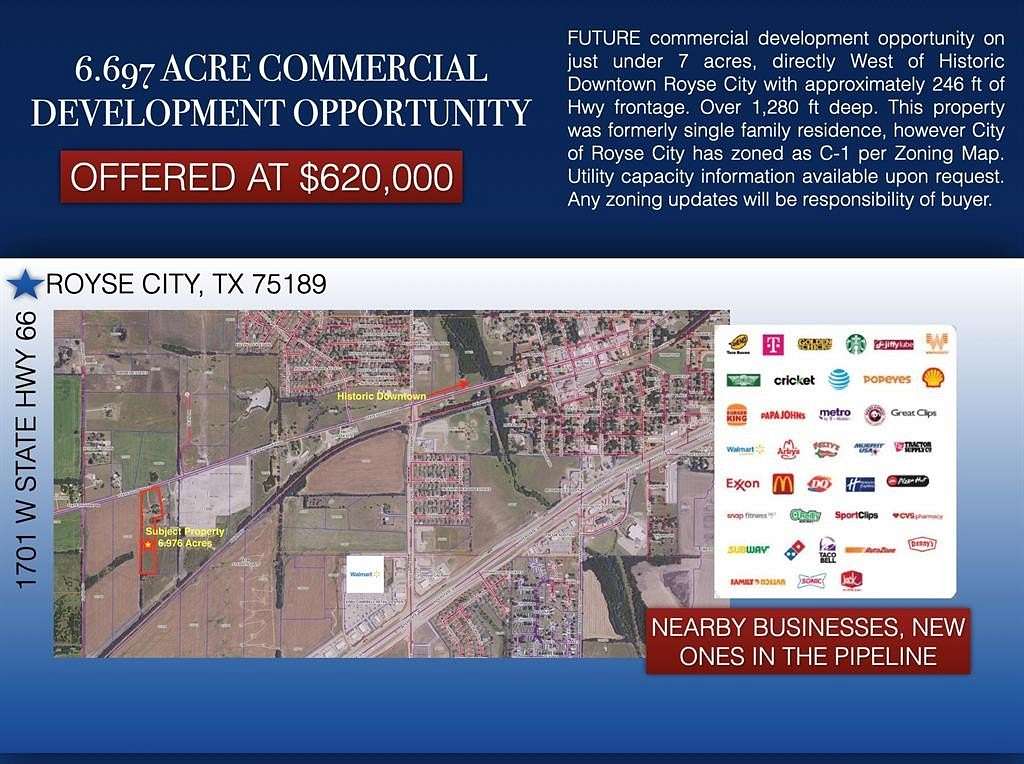 6.976 Acres of Mixed-Use Land for Sale in Royse City, Texas