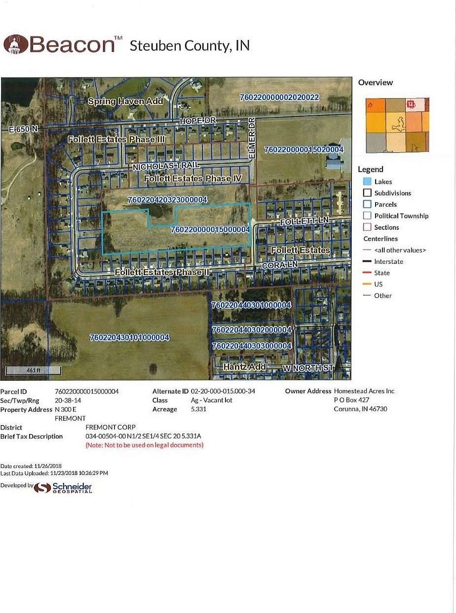 5.33 Acres of Residential Land for Sale in Fremont, Indiana