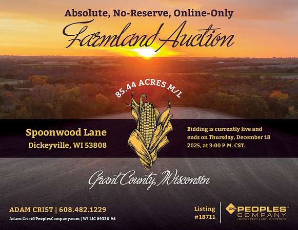 85.4 Acres of Recreational Land & Farm for Auction in Dickeyville, Wisconsin