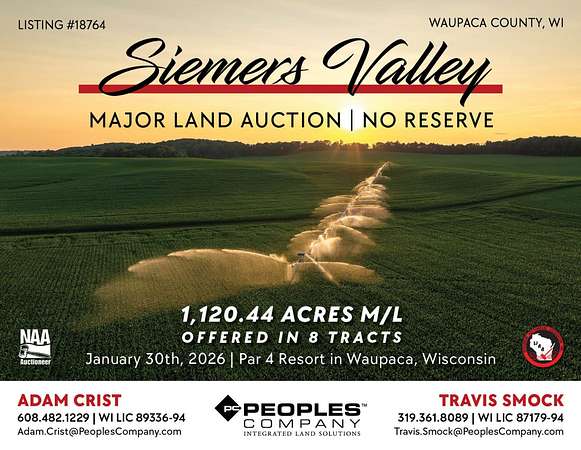1,120 Acres of Recreational Land & Farm for Auction in Iola, Wisconsin