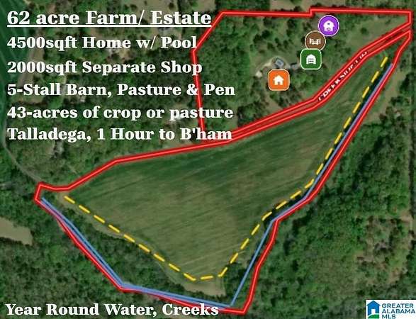 62 Acres of Agricultural Land with Home for Sale in Talladega, Alabama
