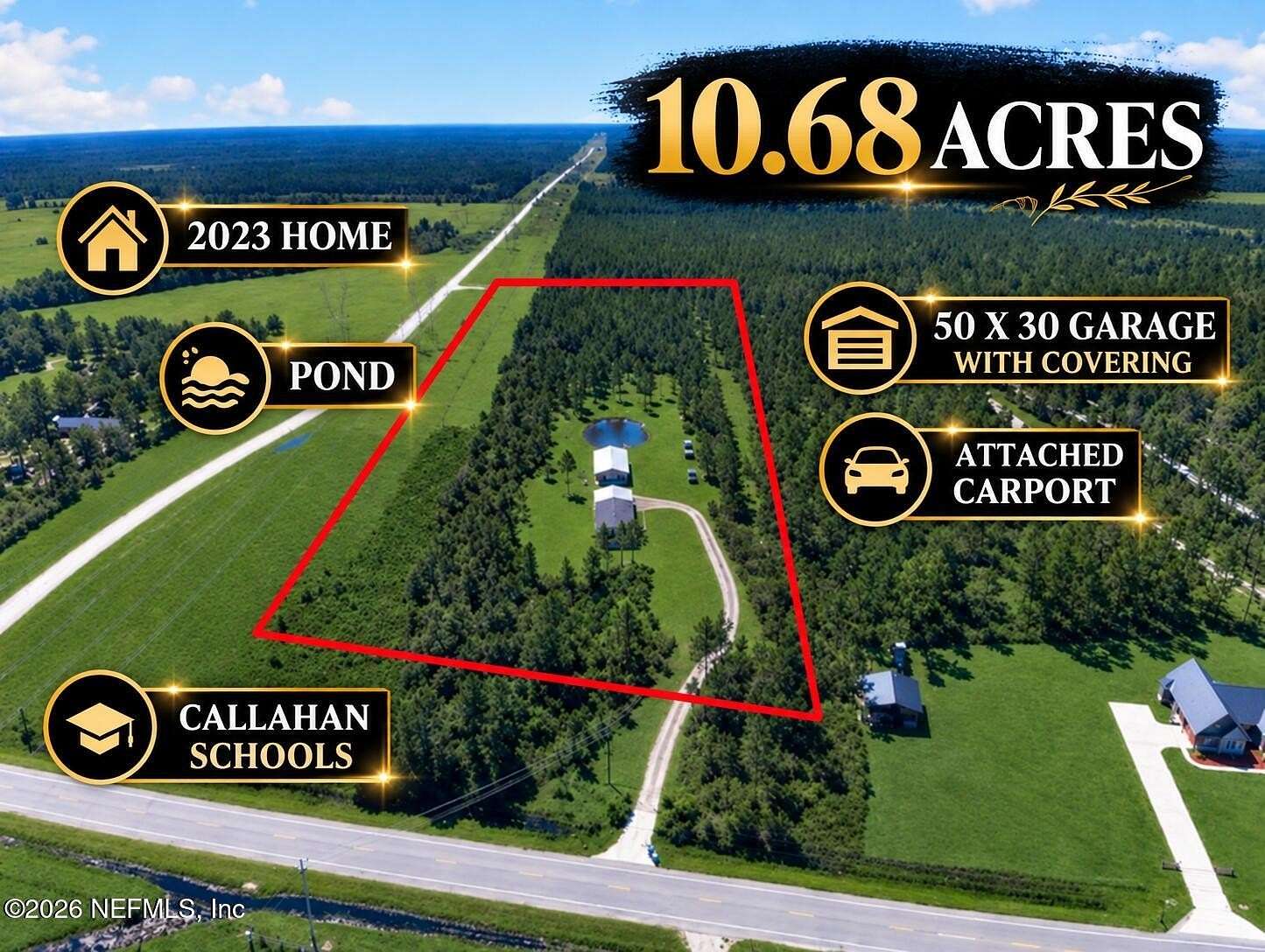 10.7 Acres of Land with Home for Sale in Hilliard, Florida