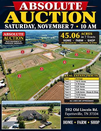 45 Acres of Land with Home for Auction in Fayetteville, Tennessee
