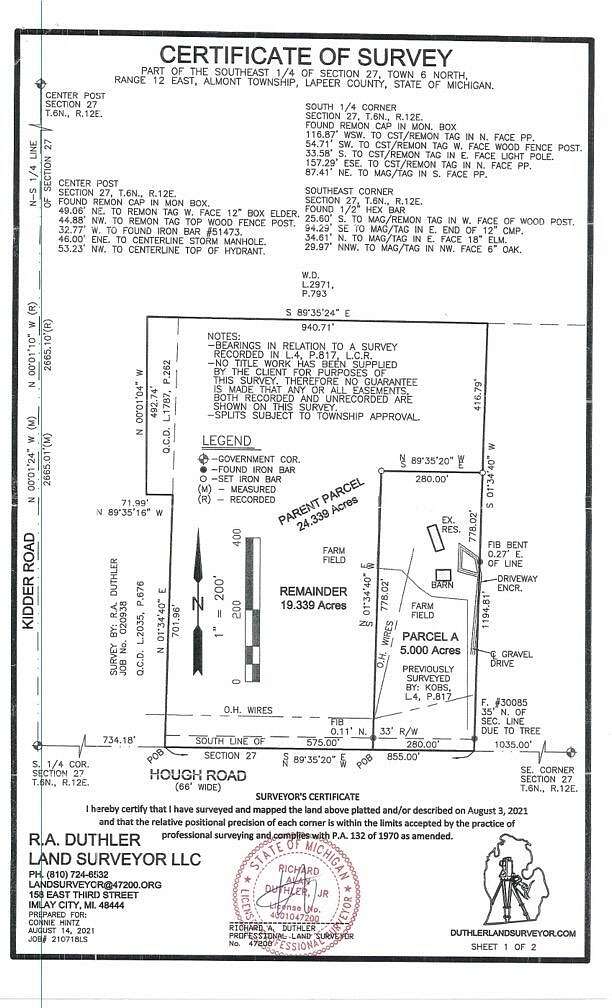 19.3 Acres of Land for Sale in Almont, Michigan