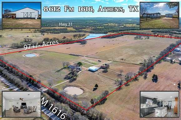 97.3 Acres of Agricultural Land with Home for Sale in Athens, Texas