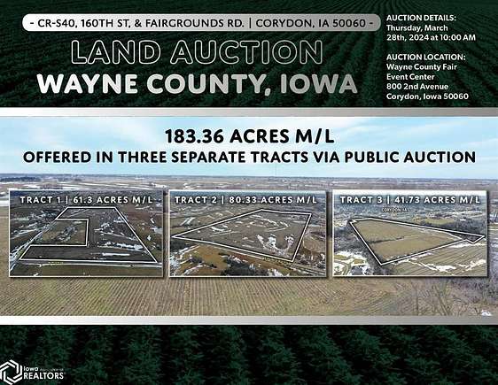 183 Acres of Agricultural Land for Auction in Corydon, Iowa