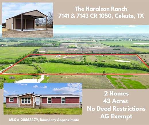 43 Acres of Agricultural Land with Home for Sale in Celeste, Texas